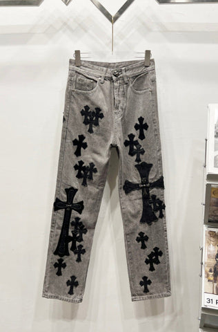 Chrome Hearts Gray & Black Large and Small Cross Patch Denim Jeans