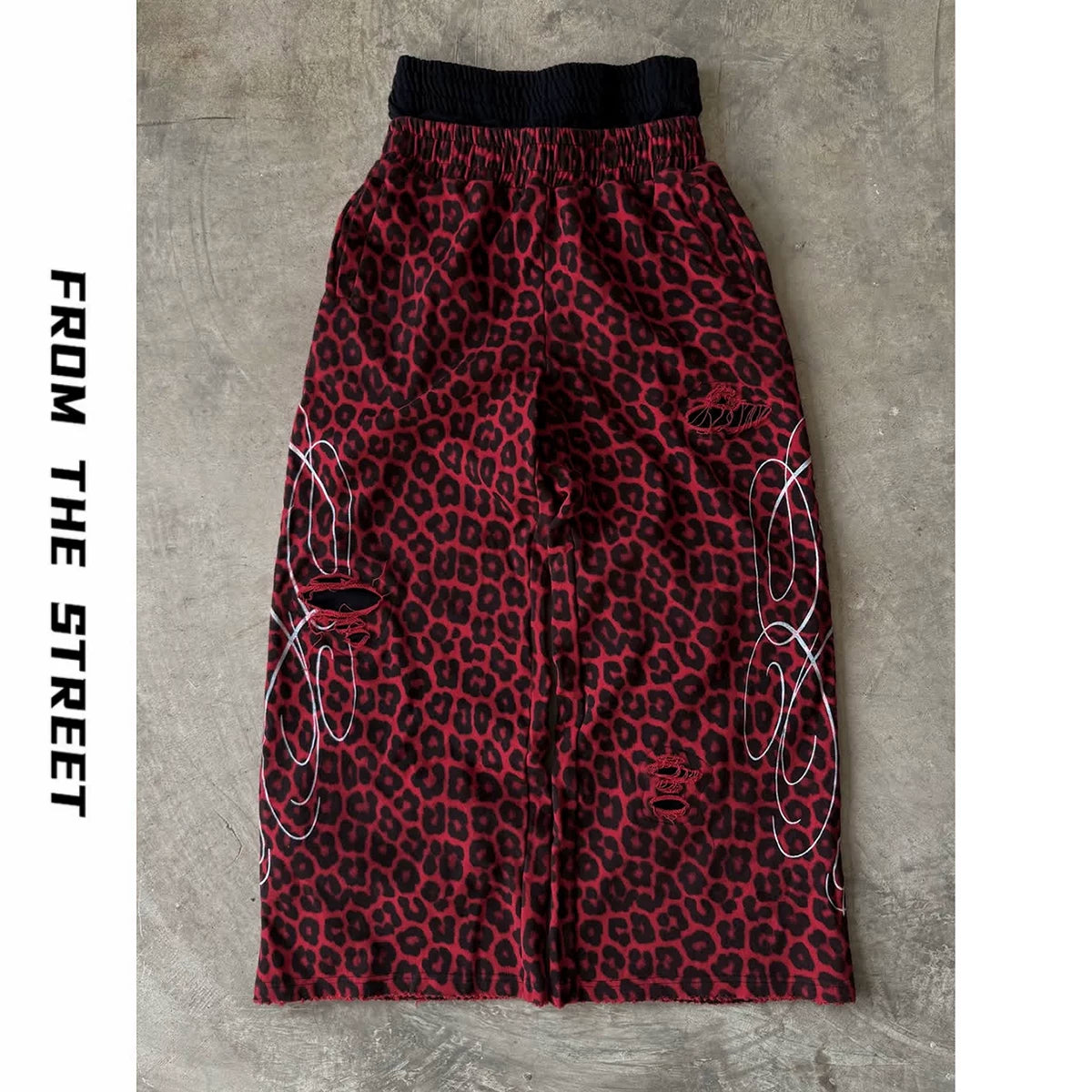 From THE STREET: American retro double waisted leopard print distressed distressed distressed, loose straight leg sweatpants from the street