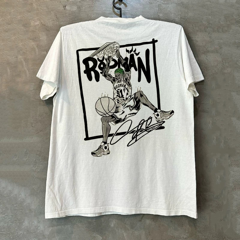 Rebounding King Dennis Rodman Comic Style Short Sleeve T-shirt with American Design Half Sleeve