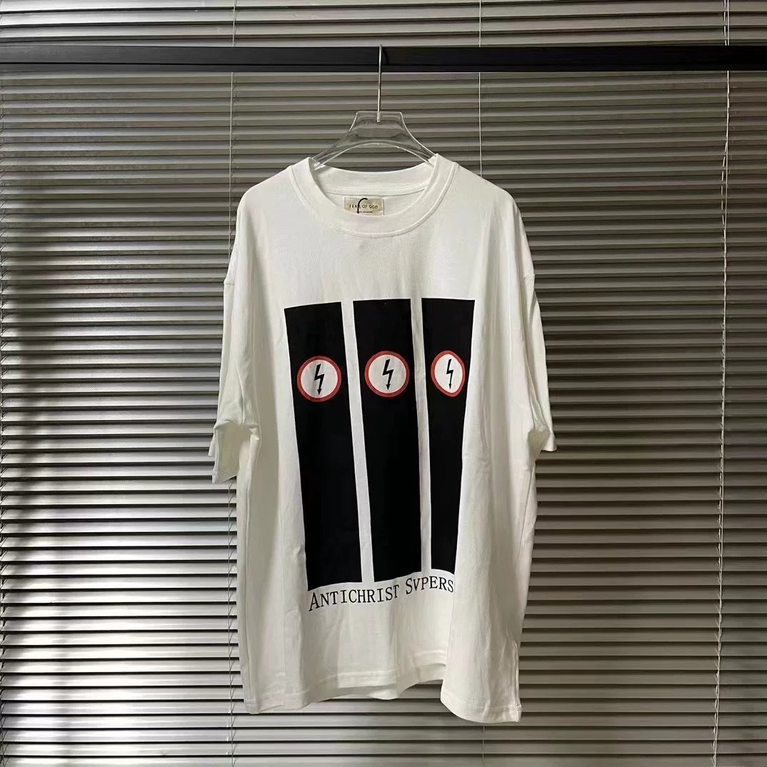 VTG Lightning Manson Fog Short Sleeve White Ink Direct Spray Printed High Street Retro Loose 320g Heavy Half Sleeve T-shirt Trendy