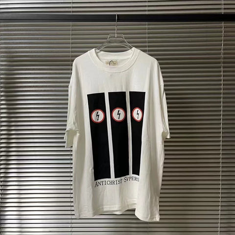 VTG Lightning Manson Fog Short Sleeve White Ink Direct Spray Printed High Street Retro Loose 320g Heavy Half Sleeve T-shirt Trendy