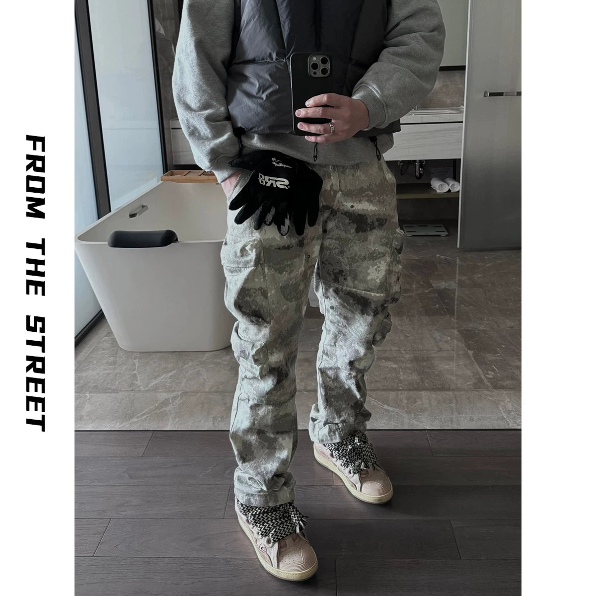 From Street American Street Snowflake Camouflage 3D Multi Pocket Zipper Work Pants Loose Straight Leg Wide Leg Pants
