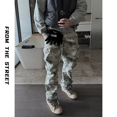 From Street American Street Snowflake Camouflage 3D Multi Pocket Zipper Work Pants Loose Straight Leg Wide Leg Pants