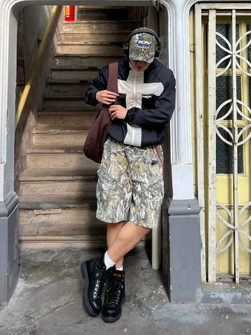 From the street, American style cleanfit retro distressed tree branch camouflage workwear shorts for men's casual over the knee half length pants