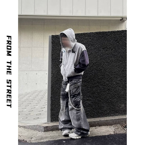 From THE STREET, street washed, worn, embroidered, zippered cardigan, hooded sweatshirt, jacket