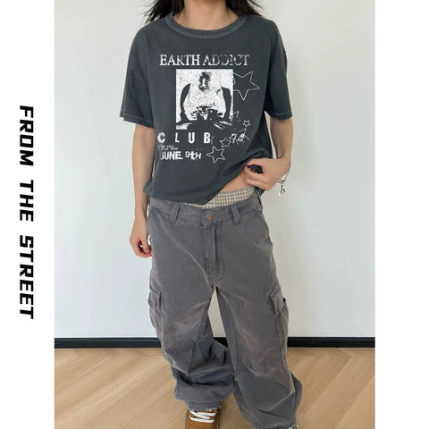 From the street retro five pointed star print single seam short sleeved worn-out Vintage lightweight short cut destructive T-shirt