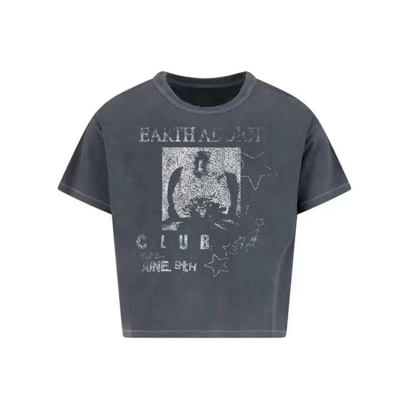 From the street retro five pointed star print single seam short sleeved worn-out Vintage lightweight short cut destructive T-shirt