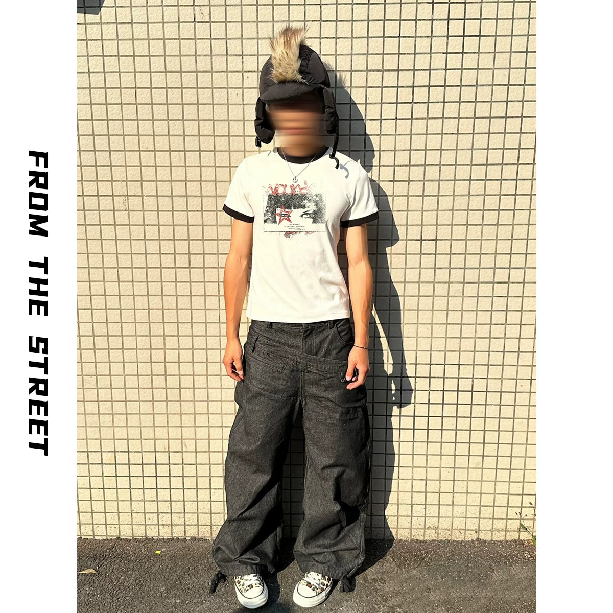 From Street American Retro Splicing Threaded Printed Tight Fit T-shirt Heavy Weight Round Neck Short Sleeve Top for Men and Women