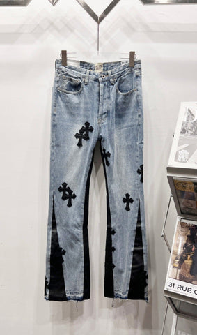 Chrome Hearts Light Blue & Black-Paneled Cross Patch Denim Jeans