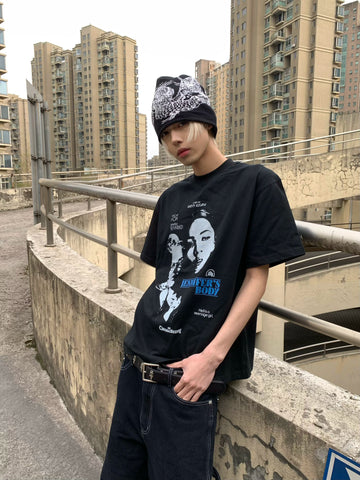 TSAOOJ Summer New Vintage Portrait Retro Digital Direct Spray Pure Cotton Top 320g Short Sleeve T-shirt