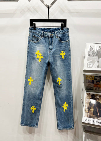 Chrome Hearts Classic Blue & Yellow Cross Patch Denim Jeans