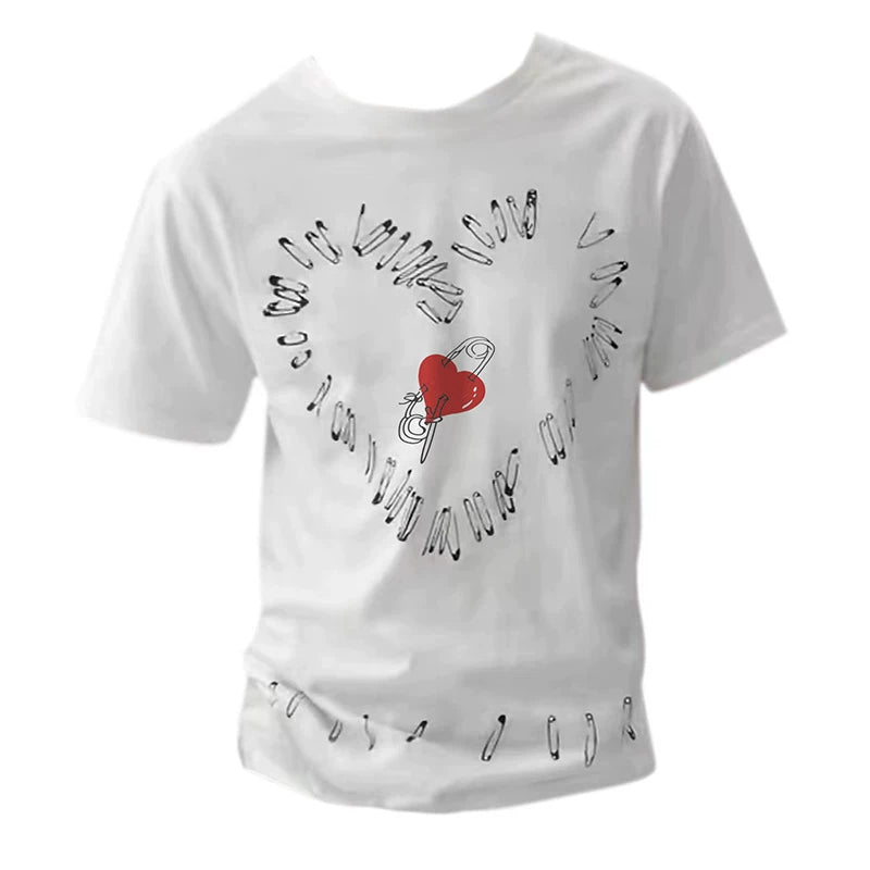 From Street American Versatile Love Pin Shoulder Short Fit Short Sleeve T-shirt Base Versatile Men's and Women's Summer