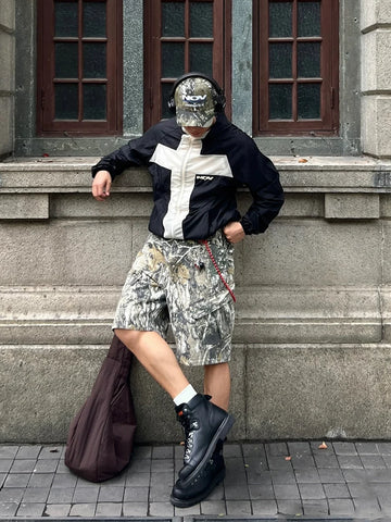 From the street, American style cleanfit retro distressed tree branch camouflage workwear shorts for men's casual over the knee half length pants