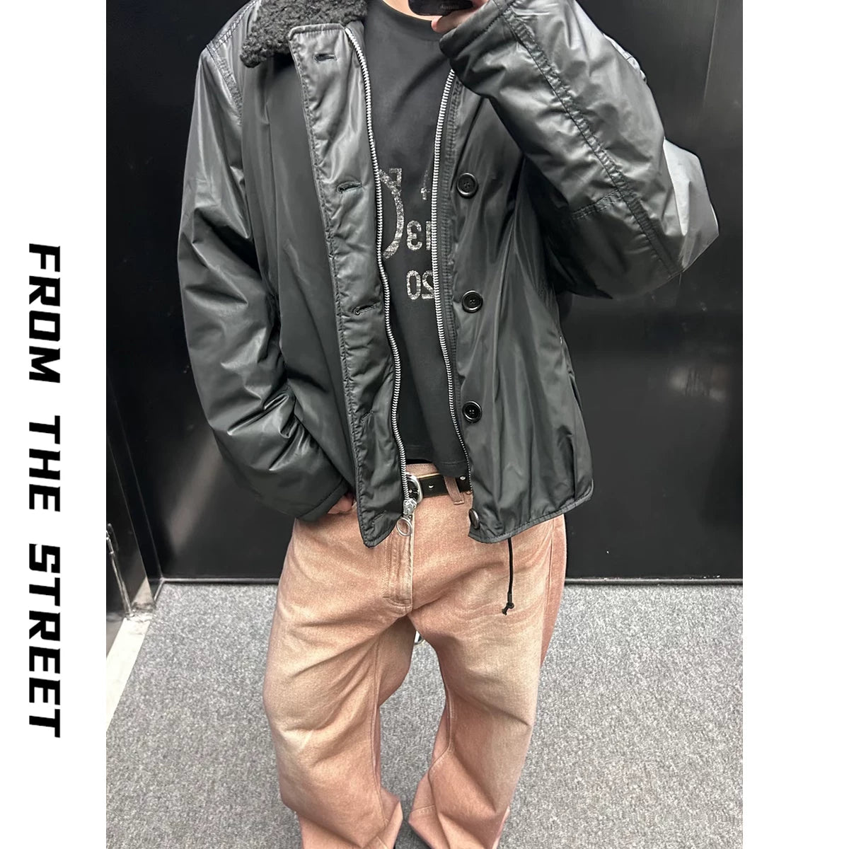 Street collar lamb wool clean fit short and wide jacket with elastic hem, warm cotton jacket for men and women