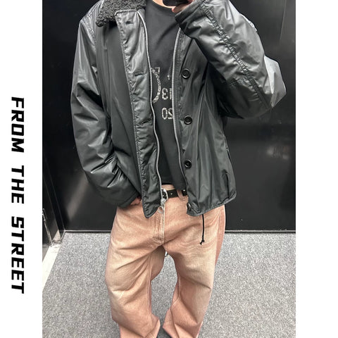 Street collar lamb wool clean fit short and wide jacket with elastic hem, warm cotton jacket for men and women