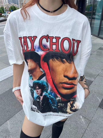 Jay Chou Album White Ink Direct Spray VTG Short Sleeve Summer Versatile American High Street Heavy Cotton Half Sleeve T-shirt