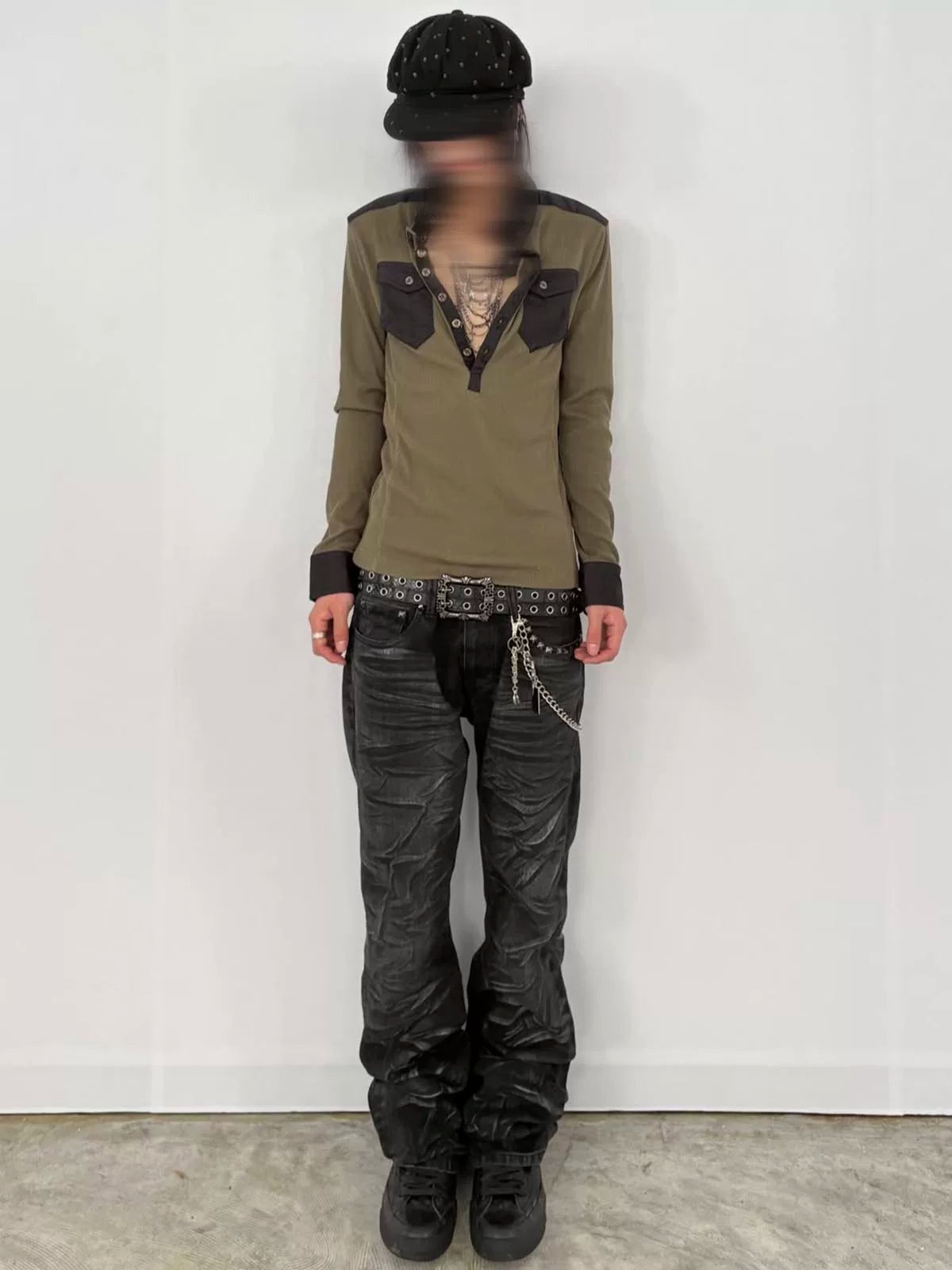 From THE STREET Street Texture Knitted Early Autumn Slimming Splicing Bottom Shirt Henry Collar Hoodie