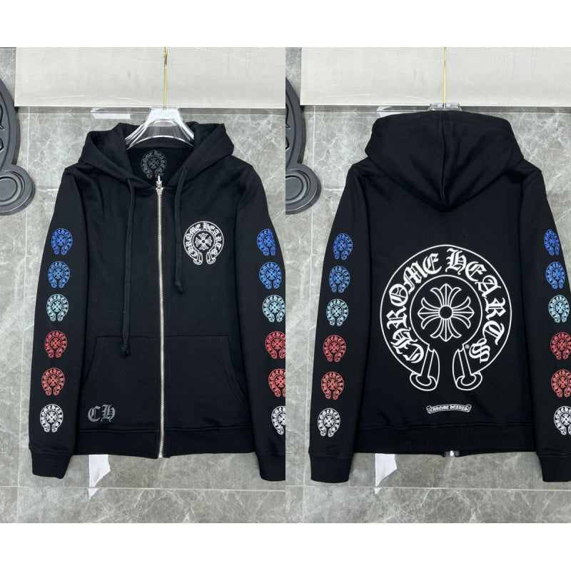 Chrome Hearts Gradient Cross Sleeve & Horseshoe Zip-Up Hoodie (Black)