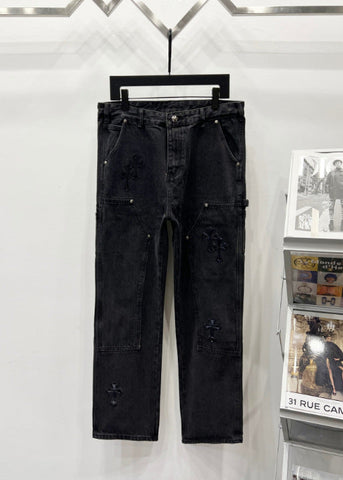 Chrome Hearts All-Black Heavy Distressed Cross Patch Denim Jeans