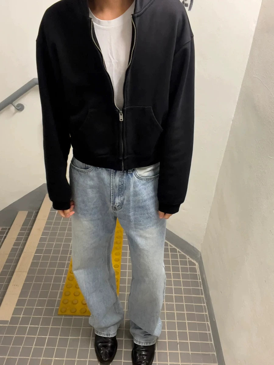 From the street kanye solid color heavy hooded short wide hoodie American high street Boxy cardigan sweater men