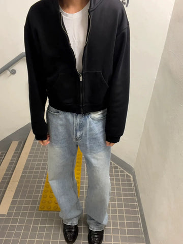 From the street kanye solid color heavy hooded short wide hoodie American high street Boxy cardigan sweater men