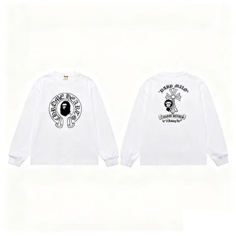 BAPE x Chrome Hearts Style Horseshoe & Cross Long-Sleeve Tee - White
