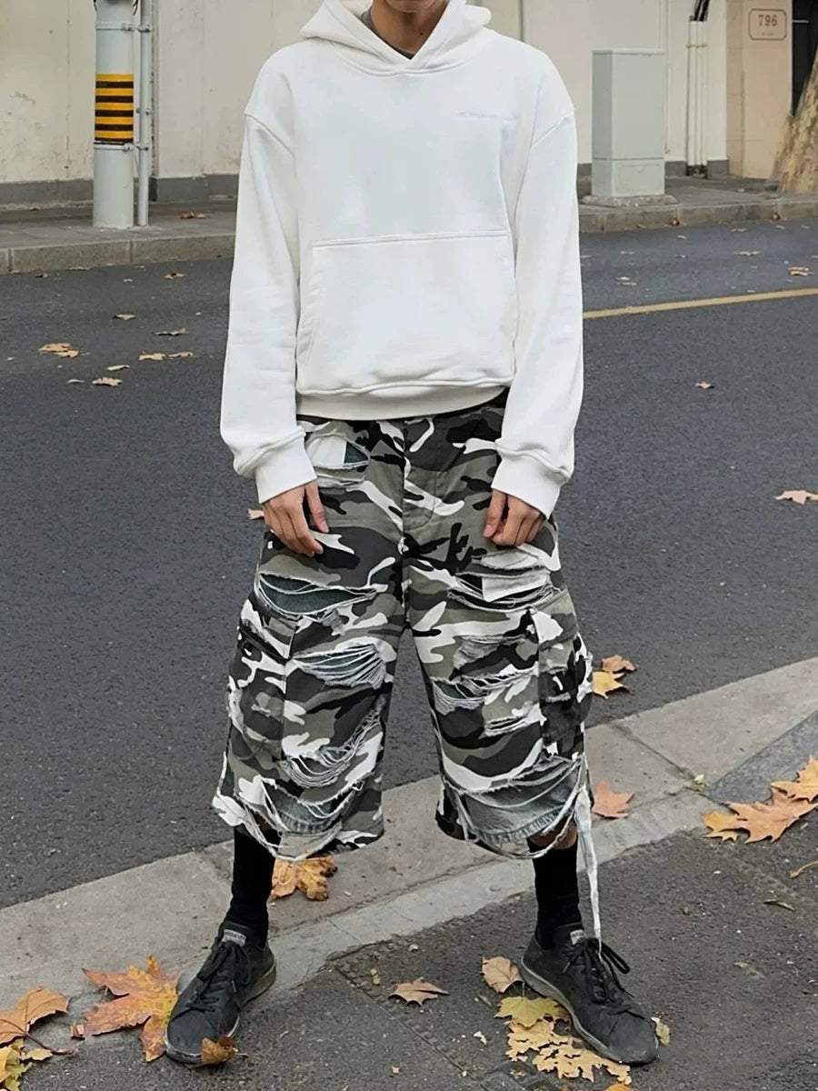 Same style loose washed ripped denim shorts from street capper, hip-hop wide leg shorts, camouflage cropped pants