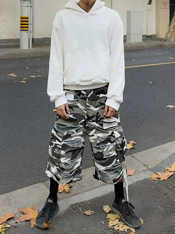Same style loose washed ripped denim shorts from street capper, hip-hop wide leg shorts, camouflage cropped pants