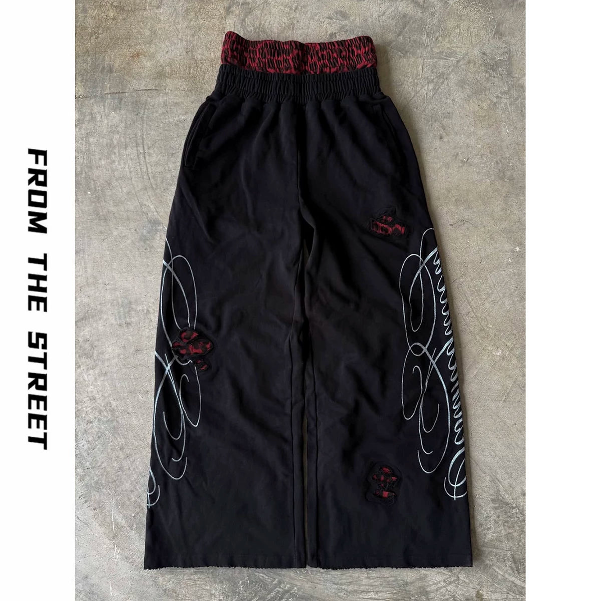 From THE STREET: American retro double waisted leopard print distressed distressed distressed, loose straight leg sweatpants from the street