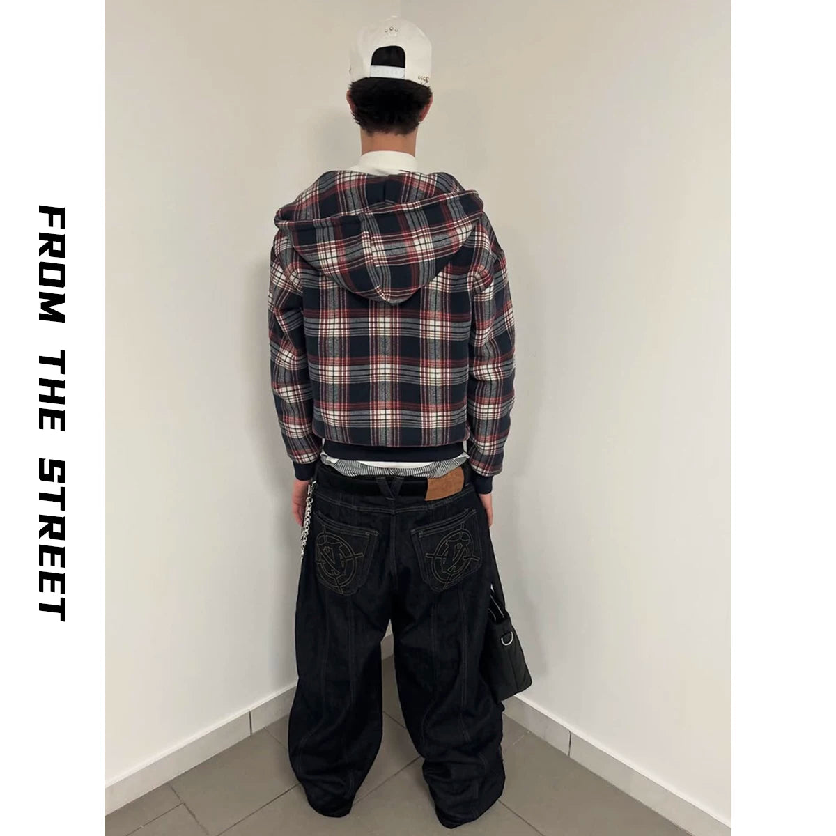 From THE STREET, American style fabric patch embroidered plaid boxy hooded cardigan sweatshirt jacket from the street