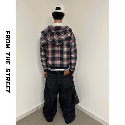 From THE STREET, American style fabric patch embroidered plaid boxy hooded cardigan sweatshirt jacket from the street
