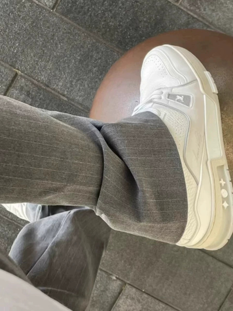 Summer TR color spun high weight micro pull three-dimensional loose hanging striped elastic light gray trousers for men from the street