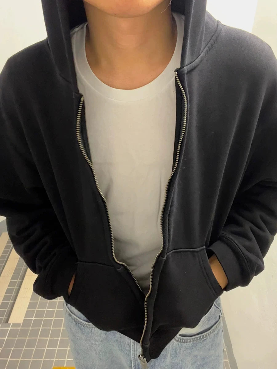 From the street kanye solid color heavy hooded short wide hoodie American high street Boxy cardigan sweater men