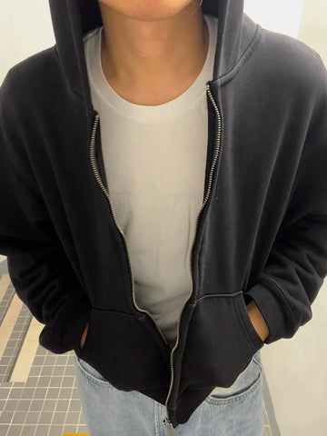 From the street kanye solid color heavy hooded short wide hoodie American high street Boxy cardigan sweater men