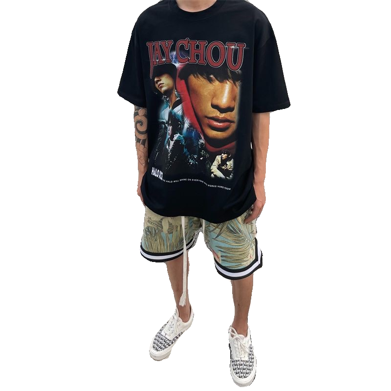 Jay Chou Album White Ink Direct Spray VTG Short Sleeve Summer Versatile American High Street Heavy Cotton Half Sleeve T-shirt