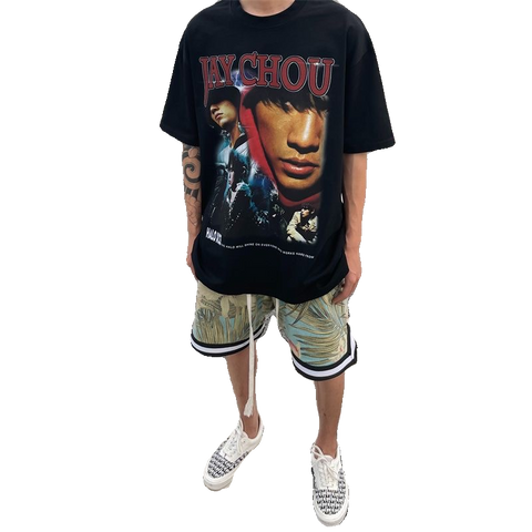 Jay Chou Album White Ink Direct Spray VTG Short Sleeve Summer Versatile American High Street Heavy Cotton Half Sleeve T-shirt