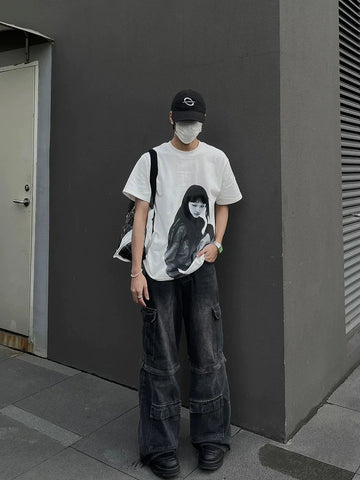 From the street, Qianming Kuriyama, American retro vintage vintage vintage vintage vintage vintage vintage 300g T-shirt, men's summer small collar short sleeved trend