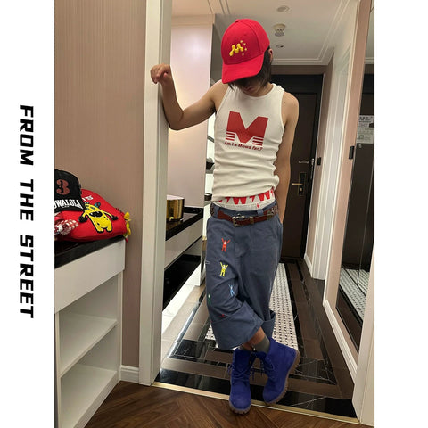 From THE STREET, a street prank sticker from baggy, loose French work pants, casual pants, same style as Luo Yan