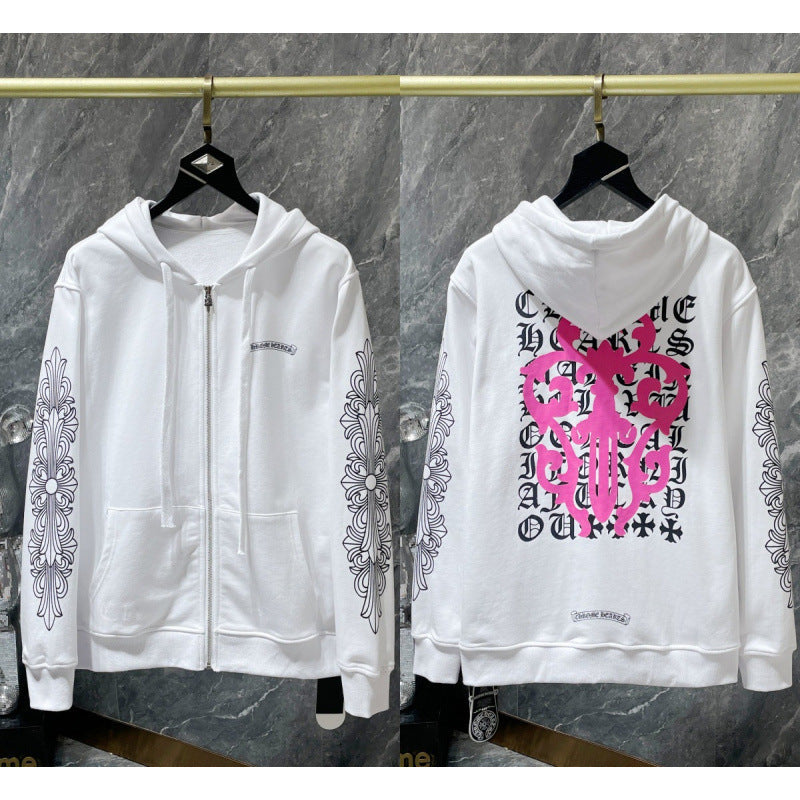 Chrome Hearts Pink Complex Scroll & Cross Zip-Up Hoodie (White)