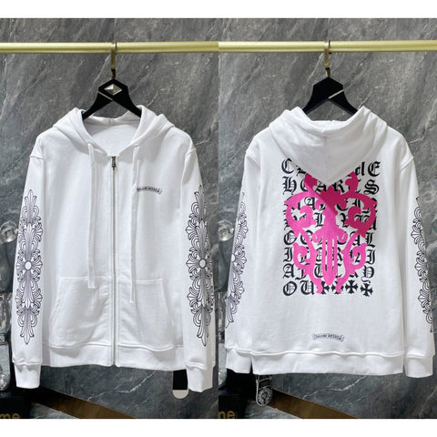 Chrome Hearts Pink Complex Scroll & Cross Zip-Up Hoodie (White)