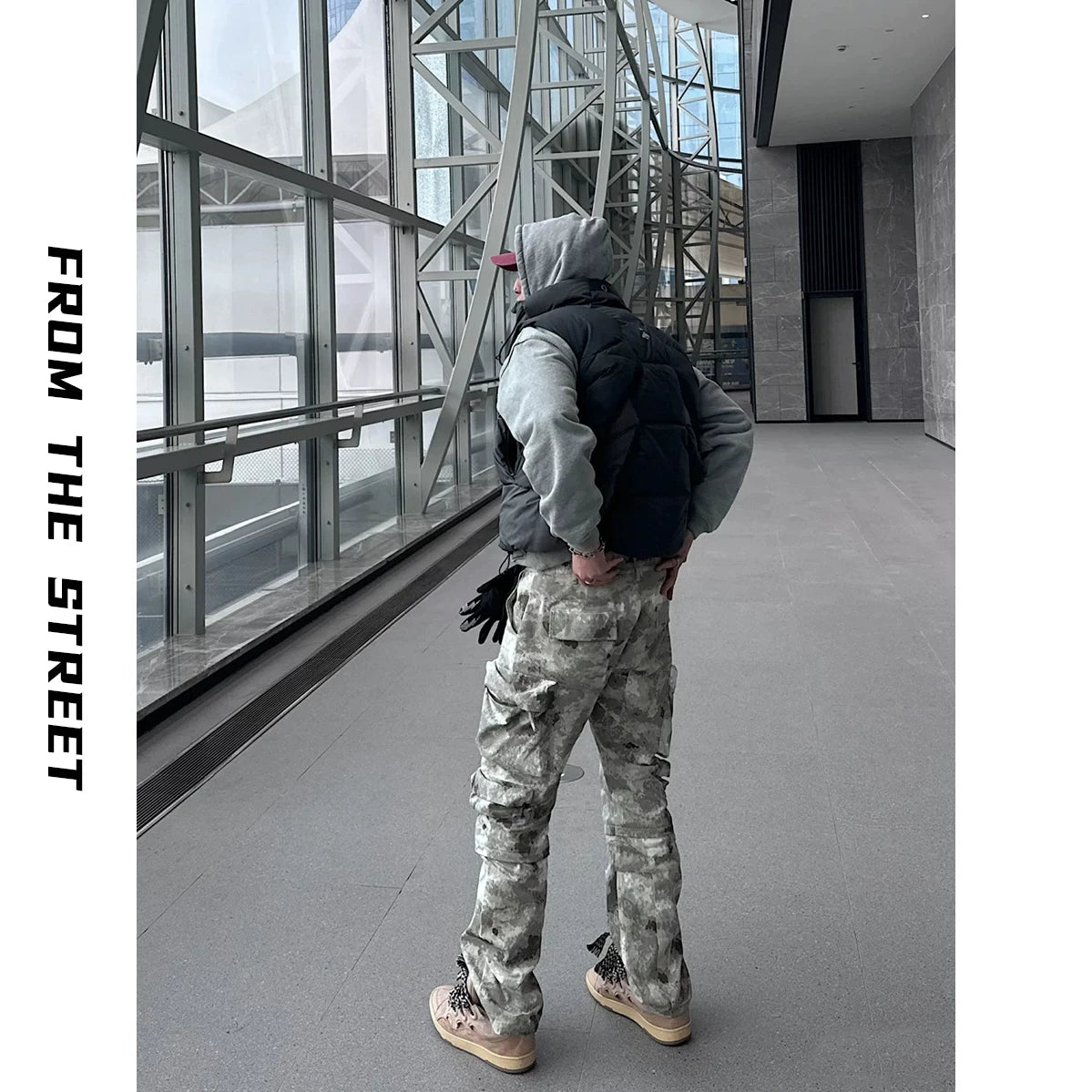 From Street American Street Snowflake Camouflage 3D Multi Pocket Zipper Work Pants Loose Straight Leg Wide Leg Pants