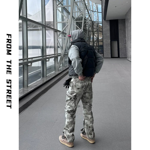 From Street American Street Snowflake Camouflage 3D Multi Pocket Zipper Work Pants Loose Straight Leg Wide Leg Pants