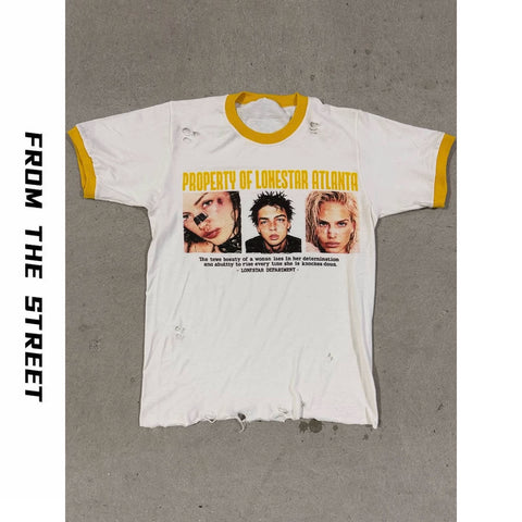 From THE STREET: Retro portrait print on the street shoulder, contrasting light Asian short sleeved T-shirt for men and women