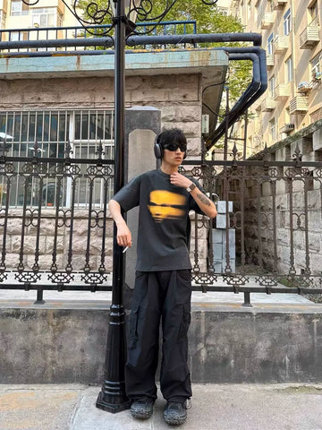 TSAOOJ VINTAGE Washed Unreal Ghost Portrait Printed T-shirt for Summer Niche Cleanfit Short Sleeves