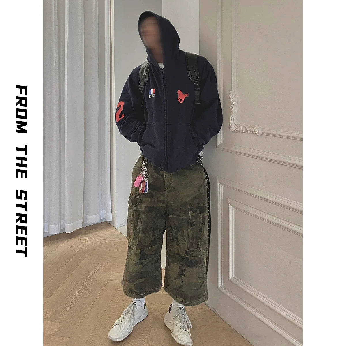 From THE STREET: Street Warrior, Embroidered, Bruveled, Washed, Used, Zippered, Loose Hooded Hoodie