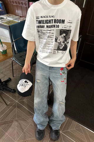 TSAOOJ Rock Band Printed Short Sleeve 320g High Weight Cotton Loose Clean Fit Niche Half Sleeve T-shirt