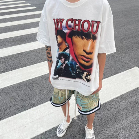 Jay Chou Album White Ink Direct Spray VTG Short Sleeve Summer Versatile American High Street Heavy Cotton Half Sleeve T-shirt