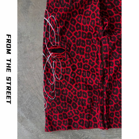 From THE STREET: American retro double waisted leopard print distressed distressed distressed, loose straight leg sweatpants from the street
