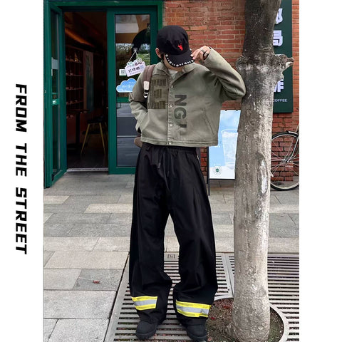 From street firefighting work pants with curved knives, three-dimensional silhouette, loose and wide legs, stacked reflective casual skiing pants