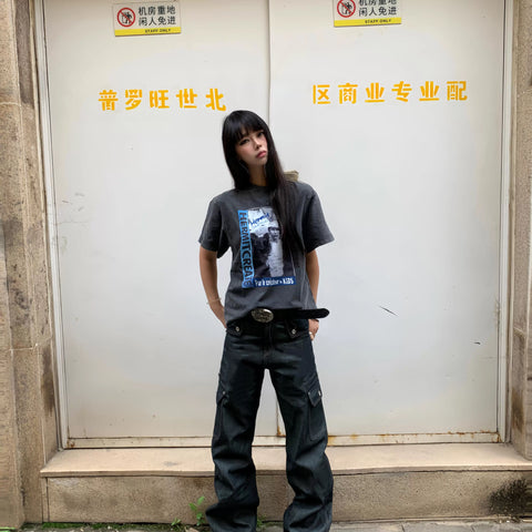 TSAOOJ Summer New Product Retro Water Washed Old Strange Kid Direct Spray Printed Short Sleeve Loose Versatile T-shirt